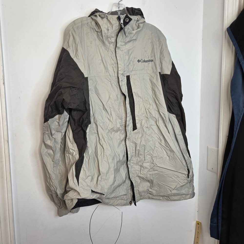 Columbia Mens XL Packable Windbreaker Jacket Grey Brown Colorblock Hooded Zip